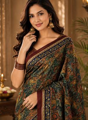 sangam prints bottle green pashmina silk blend woven work traditional saree 3