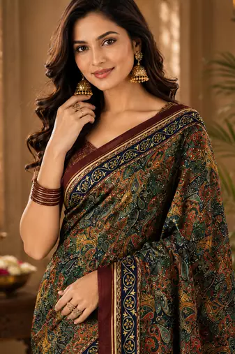 sangam prints bottle green pashmina silk blend woven work traditional saree