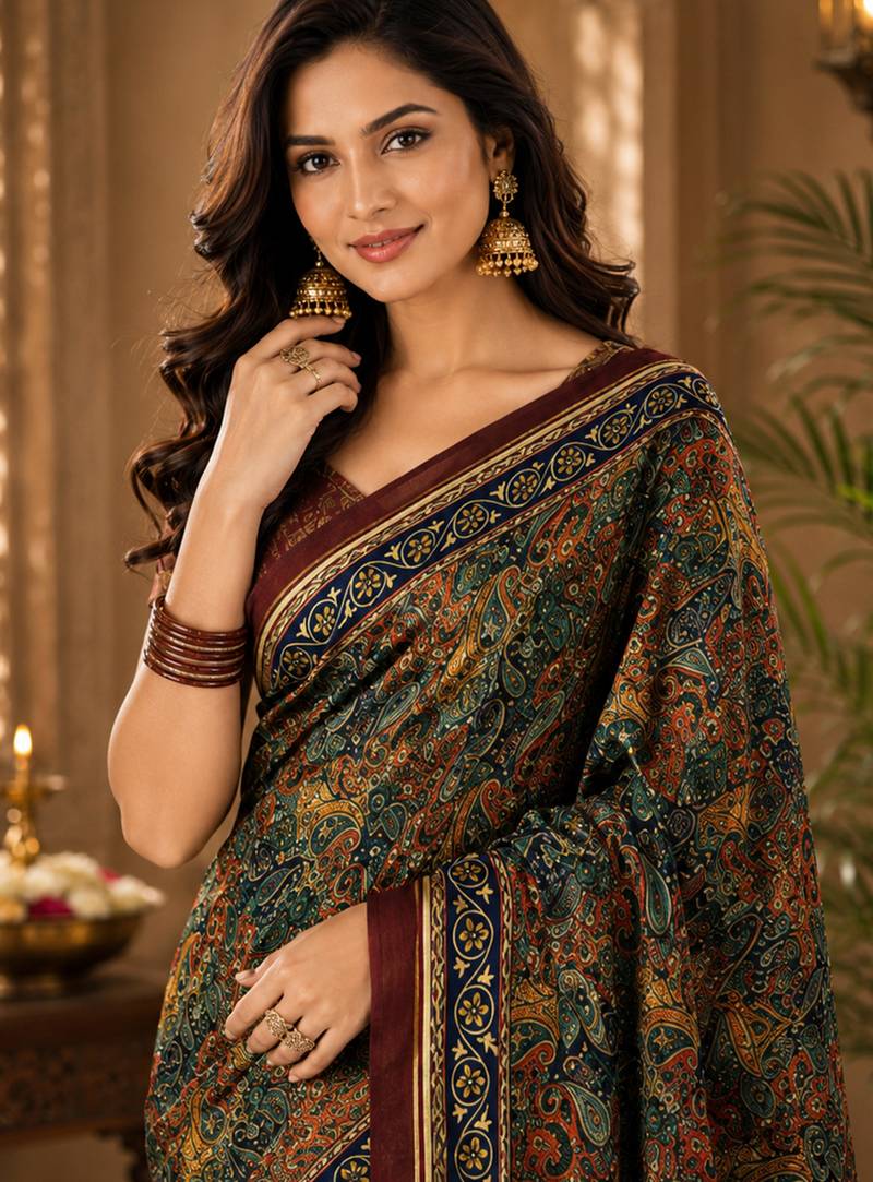 sangam prints bottle green pashmina silk blend woven work traditional saree
