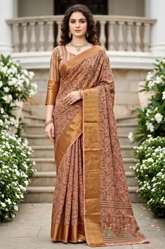 Sangam prints dusty rose cotton blend woven work traditional saree
