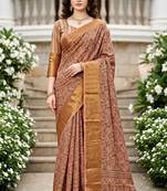 Sangam prints dusty rose cotton blend woven work traditional saree