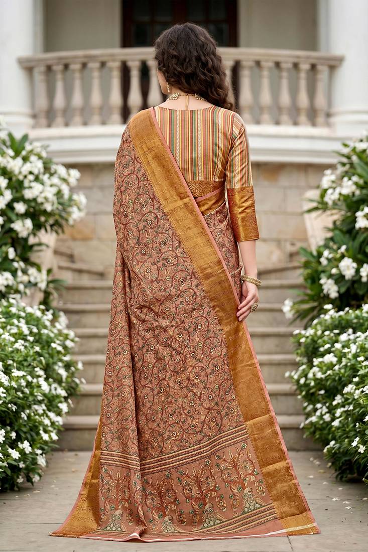 Sangam prints dusty rose cotton blend woven work traditional saree