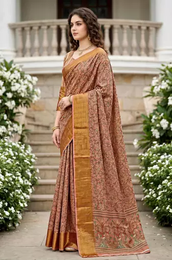 Sangam prints dusty rose cotton blend woven work traditional saree