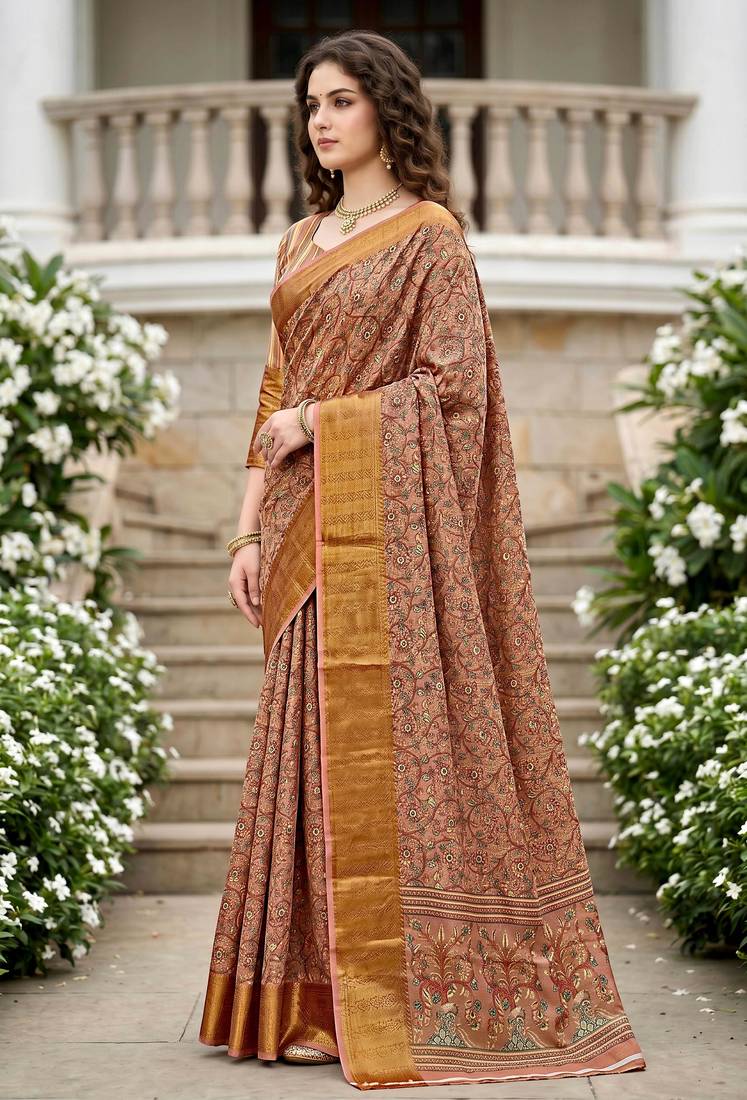 Sangam prints dusty rose cotton blend woven work traditional saree