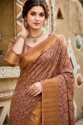 Sangam prints dusty rose cotton blend woven work traditional saree