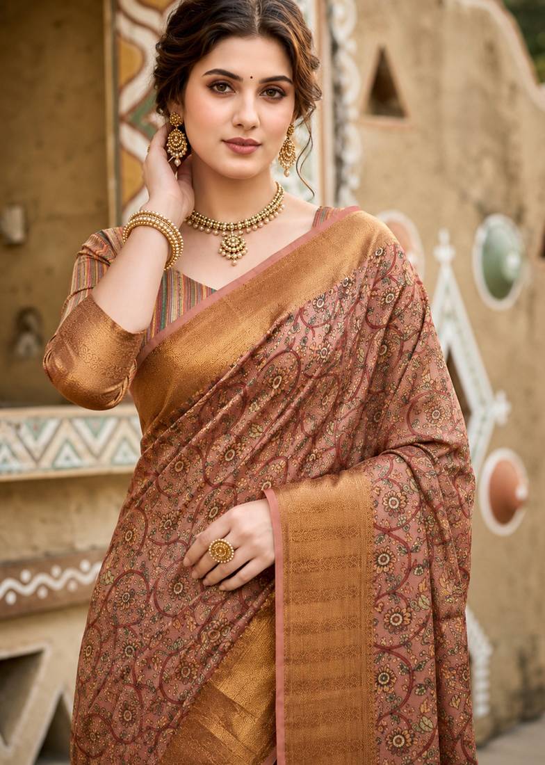 Sangam prints dusty rose cotton blend woven work traditional saree