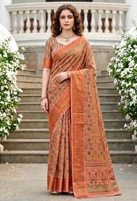 Sangam prints peach cotton blend woven work traditional saree 1