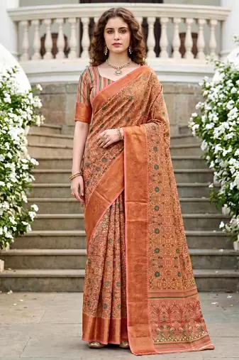 Sangam prints peach cotton blend woven work traditional saree