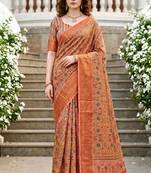 Sangam prints peach cotton blend woven work traditional saree