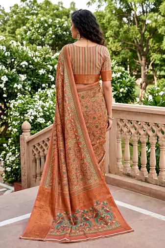 Sangam prints peach cotton blend woven work traditional saree