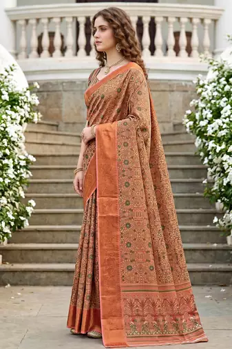 Sangam prints peach cotton blend woven work traditional saree