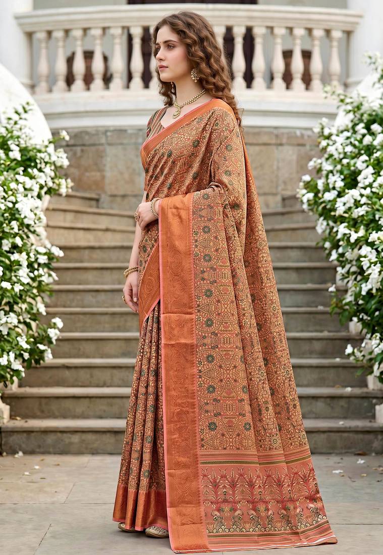 Sangam prints peach cotton blend woven work traditional saree