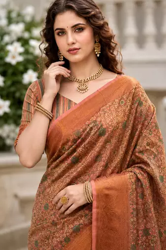 Sangam prints peach cotton blend woven work traditional saree