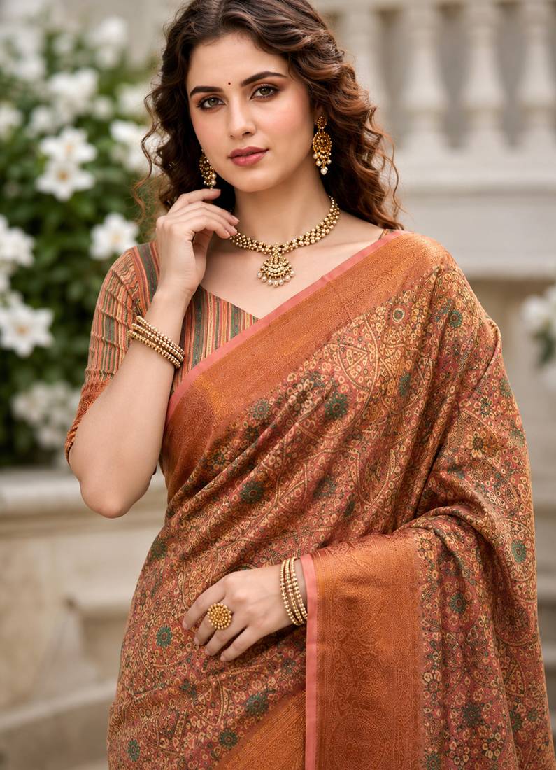 Sangam prints peach cotton blend woven work traditional saree