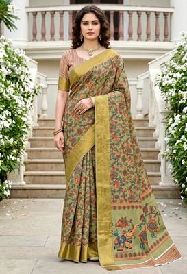 Sangam prints sage green cotton blend woven work traditional saree 1