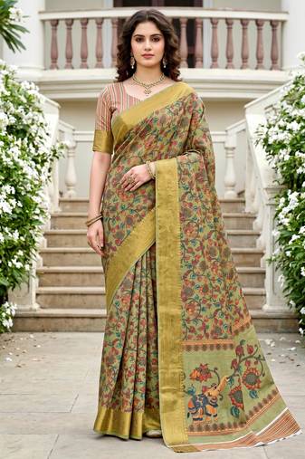 Sangam prints sage green cotton blend woven work traditional saree