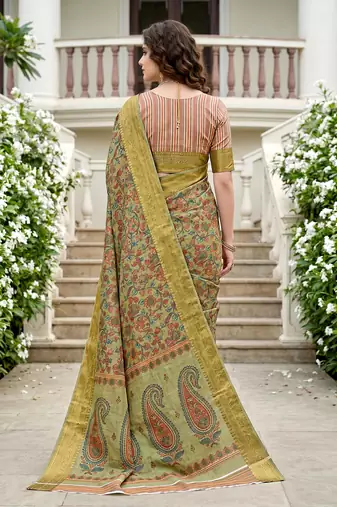 Sangam prints sage green cotton blend woven work traditional saree