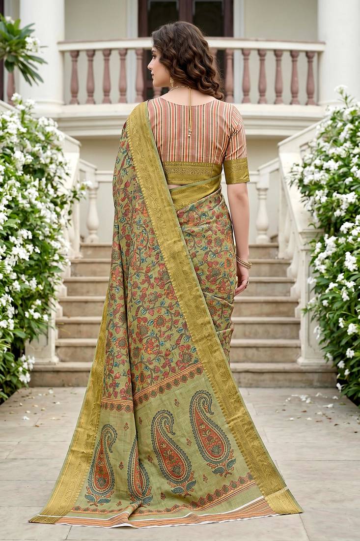Sangam prints sage green cotton blend woven work traditional saree