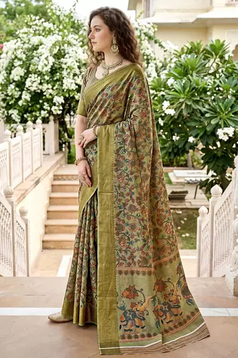 Sangam prints sage green cotton blend woven work traditional saree