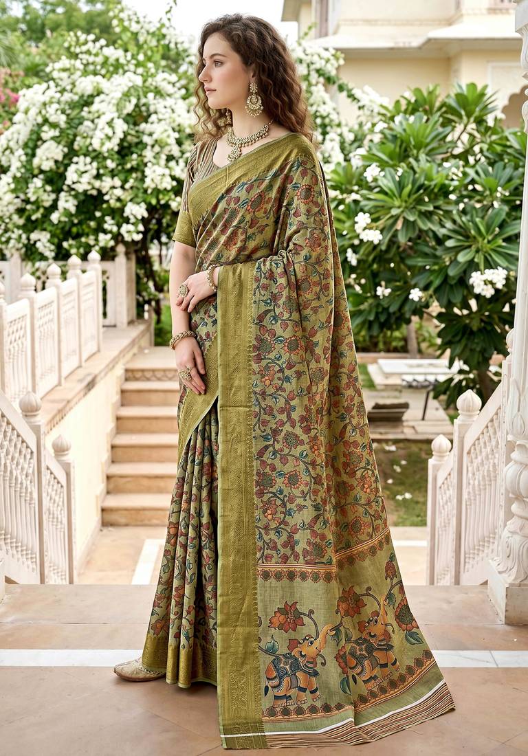 Sangam prints sage green cotton blend woven work traditional saree