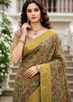 Sangam prints sage green cotton blend woven work traditional saree 4