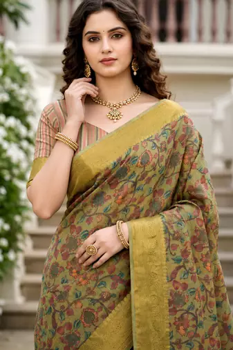 Sangam prints sage green cotton blend woven work traditional saree