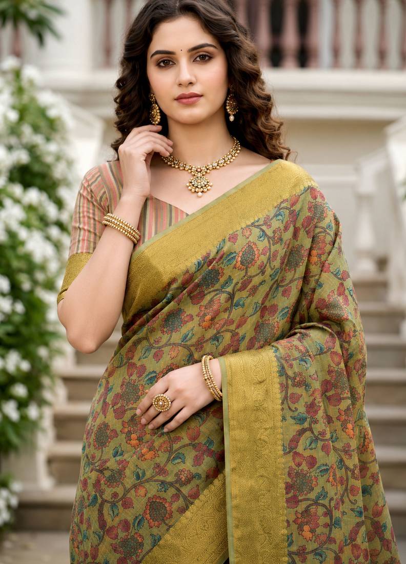 Sangam prints sage green cotton blend woven work traditional saree