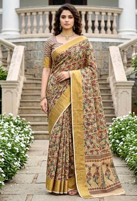 Sangam prints beige cotton blend woven work traditional saree 1
