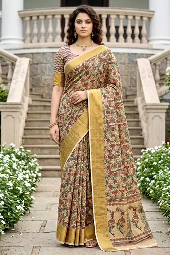 Sangam prints beige cotton blend woven work traditional saree