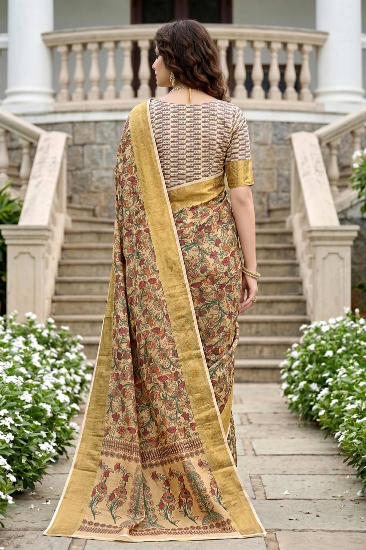 Sangam prints beige cotton blend woven work traditional saree