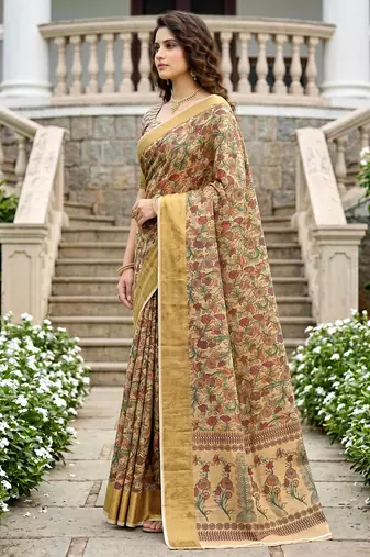 Sangam prints beige cotton blend woven work traditional saree