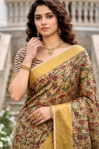 Sangam prints beige cotton blend woven work traditional saree