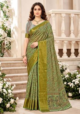 Sangam prints mint green cotton blend woven work traditional saree 1