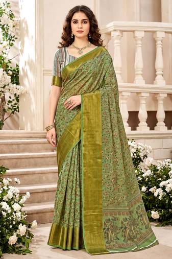 Sangam prints mint green cotton blend woven work traditional saree