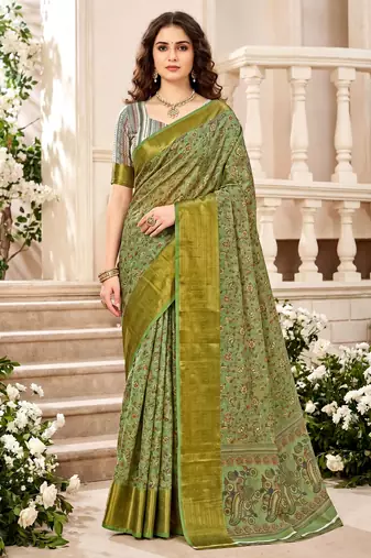 Sangam prints mint green cotton blend woven work traditional saree