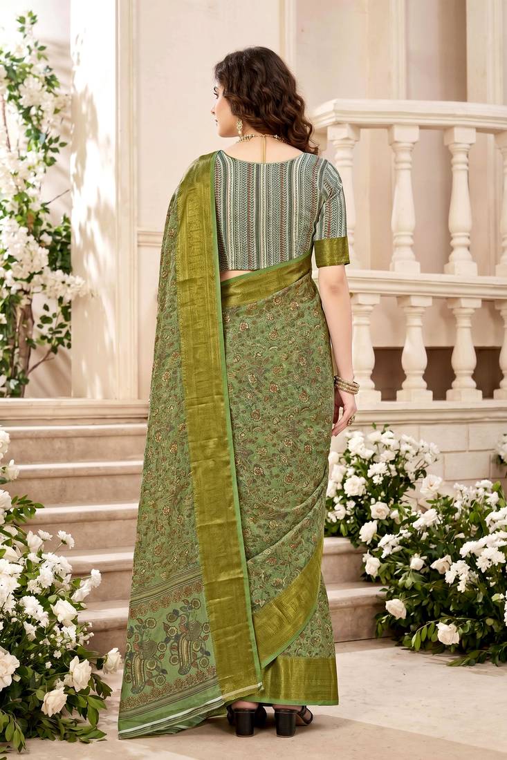 Sangam prints mint green cotton blend woven work traditional saree