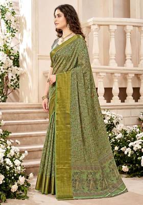Sangam prints mint green cotton blend woven work traditional saree 3