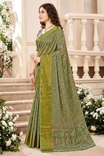 Sangam prints mint green cotton blend woven work traditional saree