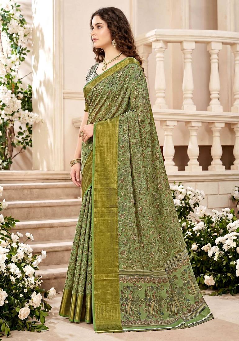 Sangam prints mint green cotton blend woven work traditional saree