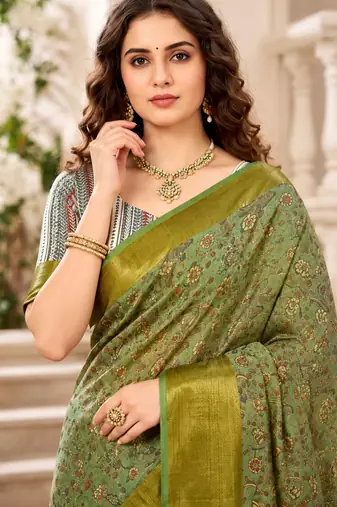 Sangam prints mint green cotton blend woven work traditional saree
