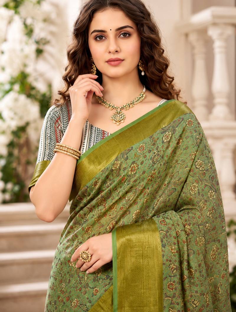 Sangam prints mint green cotton blend woven work traditional saree