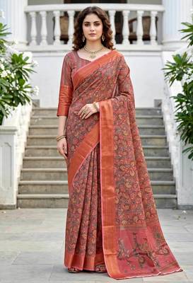 Sangam prints dusty rose pink cotton blend woven work traditional saree 1