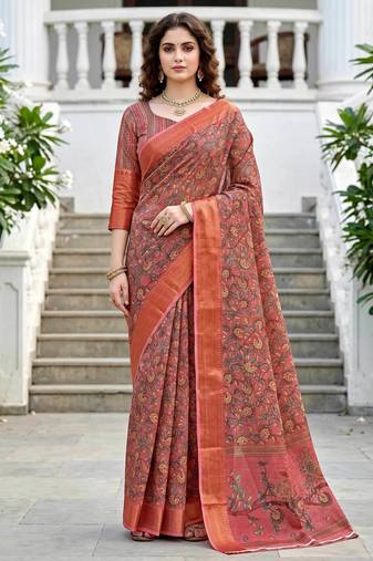 Sangam prints dusty rose pink cotton blend woven work traditional saree