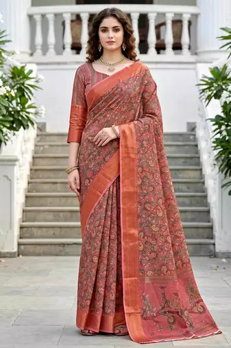 Sangam prints dusty rose pink cotton blend woven work traditional saree