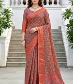 Sangam prints dusty rose pink cotton blend woven work traditional saree