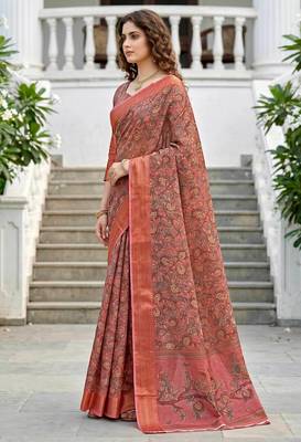 Sangam prints dusty rose pink cotton blend woven work traditional saree 3