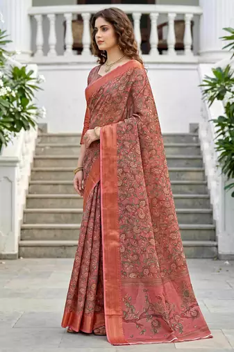 Sangam prints dusty rose pink cotton blend woven work traditional saree
