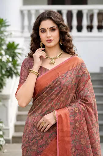 Sangam prints dusty rose pink cotton blend woven work traditional saree