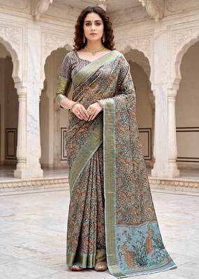 Sangam prints sky blue cotton blend woven work traditional saree 1