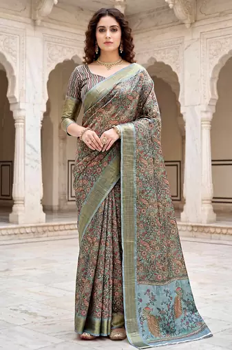 Sangam prints sky blue cotton blend woven work traditional saree